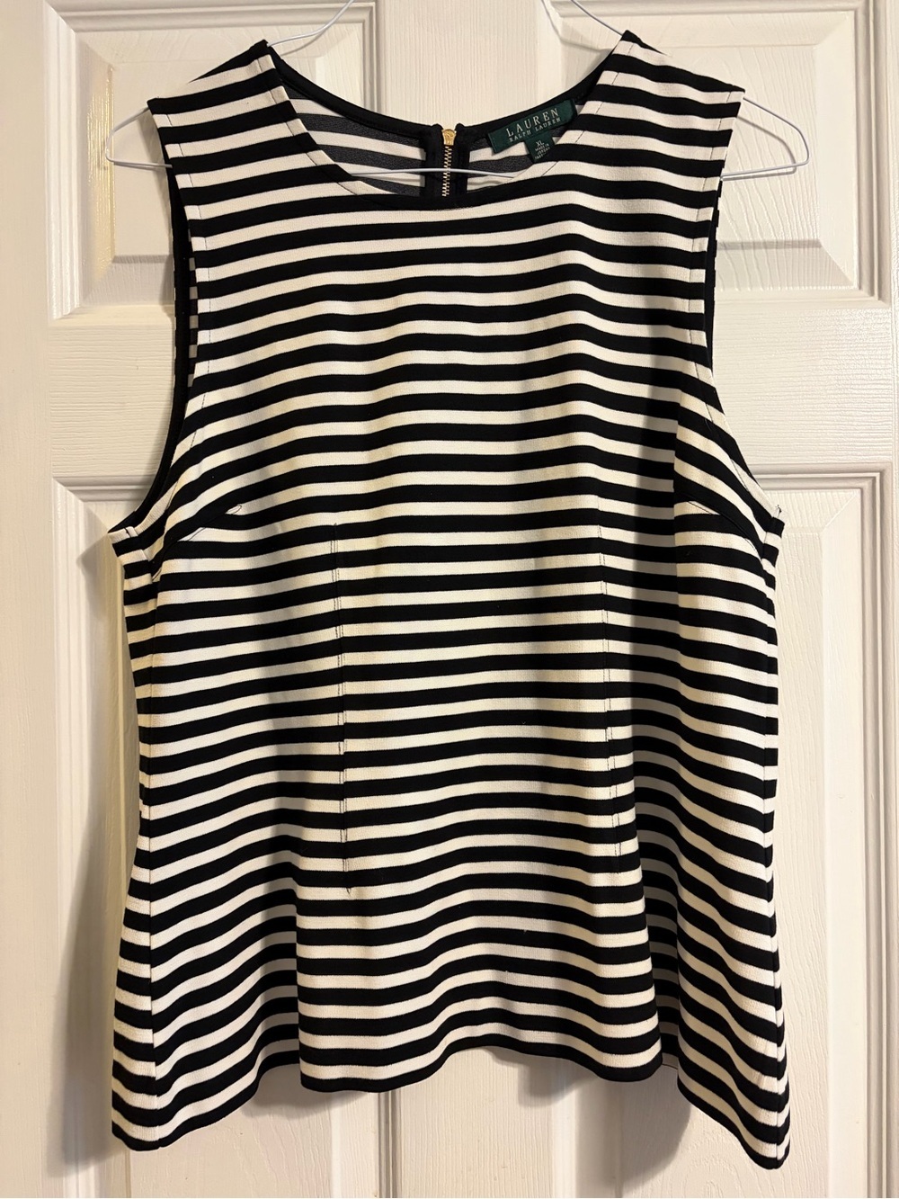 Lauren Ralph Lauren Black White Stripe Sleeveless Top XL Gold Zip Back